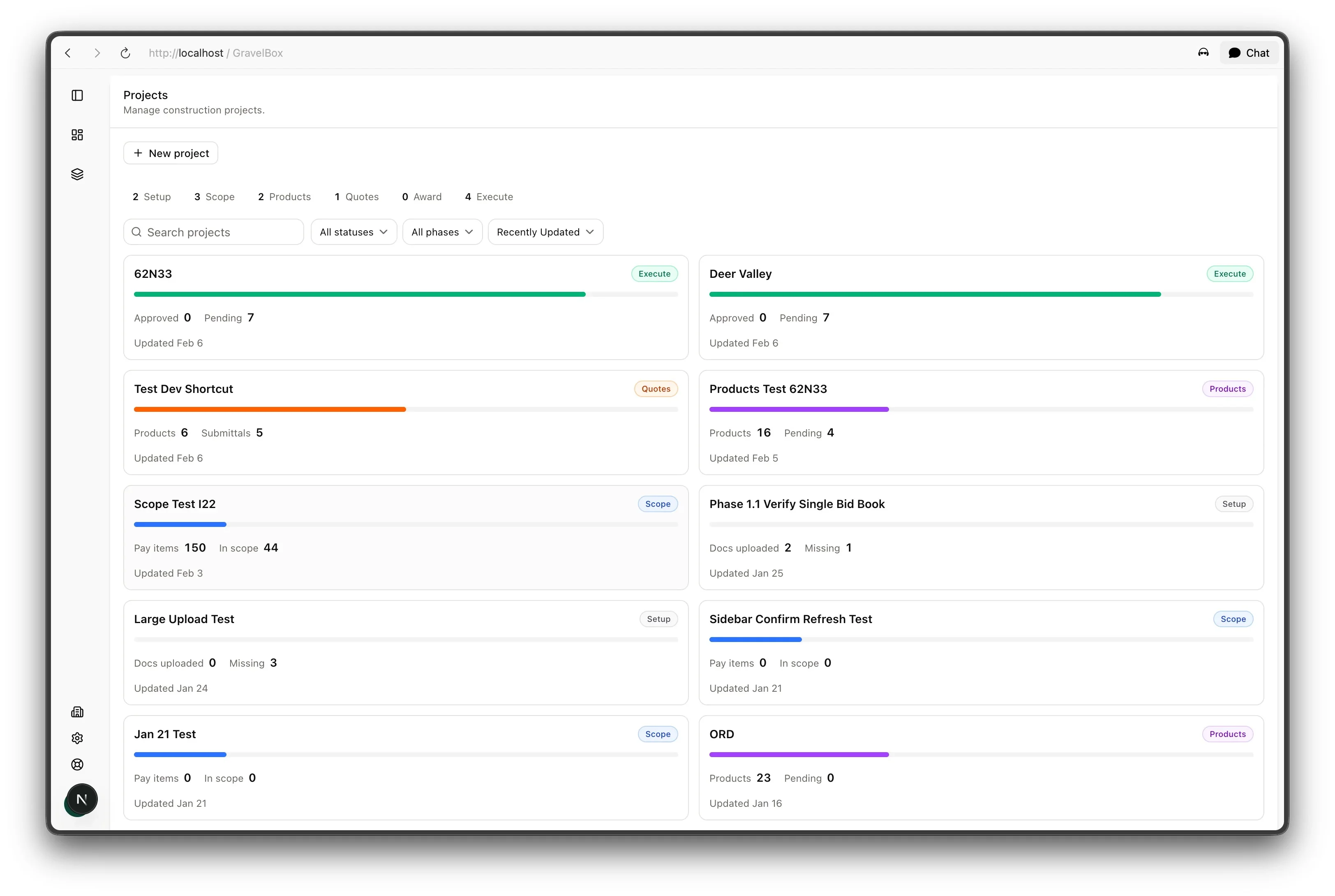 Document upload view: drag-and-drop area with uploaded PDFs listed (Floor Plan.pdf, Div 27 Specs.pdf, Cable Schedule.pdf) and a green "Process Documents" button.